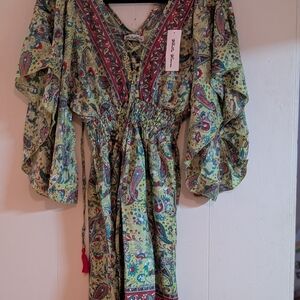 White Water Bohemian Paisley Dress with Bell Sleeves